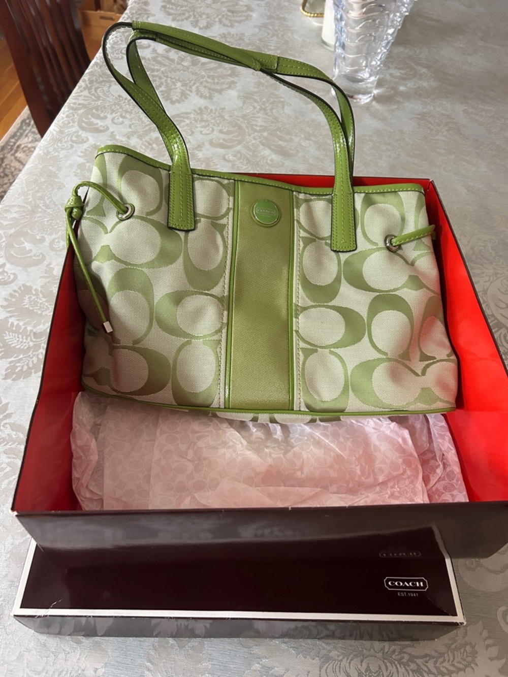 Coach Light Green Signature Canvas Shoulder Tote with Lime Trim, worn once
